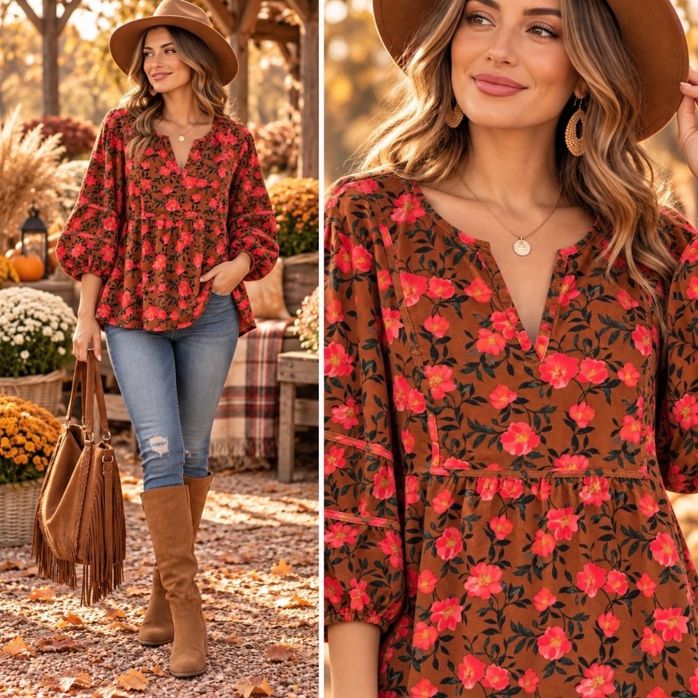 Sonoma 4X Fall Floral Boho Corduroy Balloon Sleeve Babydoll Top V Neck Cotton